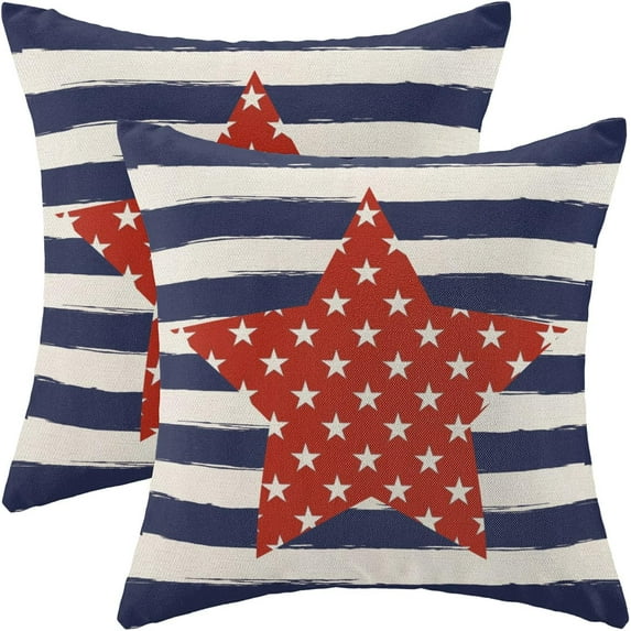 4th of July Pillow Covers 20x20 Inch Set of 2 Memorial Day Independence Day Blue Stripe Red Star Decor Throw Pillows American Flag USA Patriotic Outdoor Cushion Cases for Couch Bed Decorations