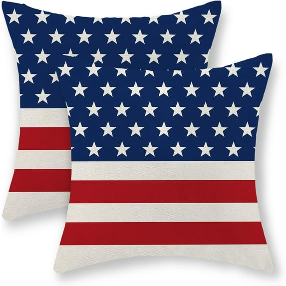 4th of July Pillow Covers 20x20 Set of 2, Blue Star Stripes American Flag Throw Pillows Patriotic Decor Memorial Independence Day Pillowcase Outdoor Decorations Linen Cushion Case for Home