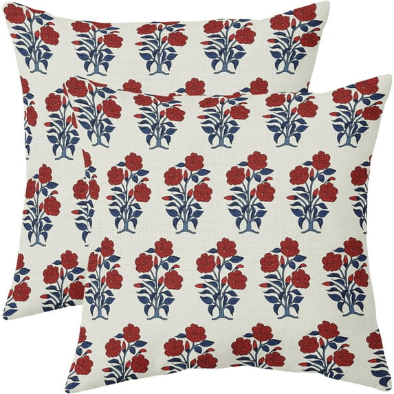 4th of July Pillow Covers 20x20 Set of 2 Navy Blue Red Floral Leaves Block Print Outdoor Decorative Throw Pillows Farmhouse Pillowcases Linen Cushion Case Decor for Home Sofa Couch Bed