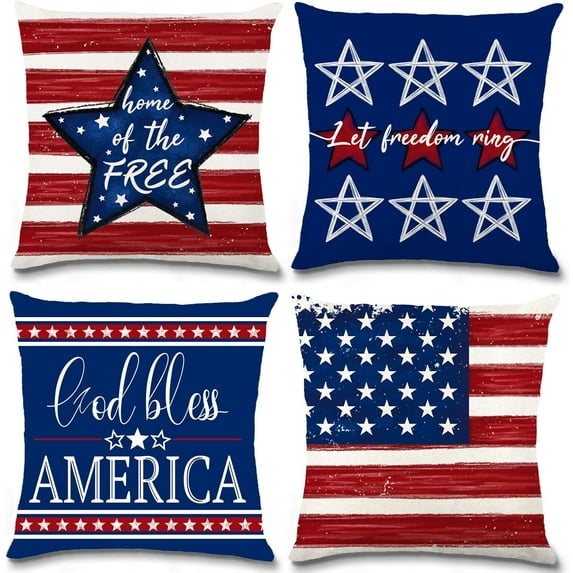 4th of July Pillow Covers Decorations 18 x 18 Inch Red Blue Star Stripe Flag Freedom America Patriotic Throw Pillow Covers Cases for Independence Memorial Day Cushion Case Sofa Couch Decor