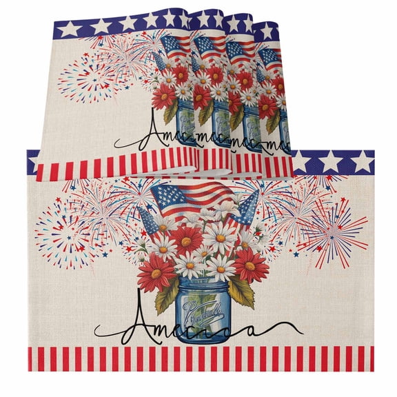 4th of July Placemats for Dinning Table Set of 4, Independence Day Floral Fireworks Rustic Burlap Kitchen Place Mats Waterproof Cloth Table Mats, Indoor Outdoor Placemats Easy Clean Dinner Decor