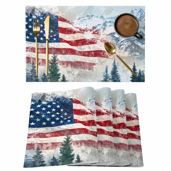 4th of July Placemats Set of 4 American Flag Independence Day Forest Place Mats Indoor Wipeable Table Mats Washable Cloth Dining Table Placemats for Kitchen Holiday Party Home Decor 13x19 Inch