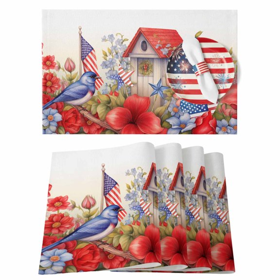 4th of July Placemats Set of 4 American Flag Patriotic Place Mats Independence Day Placemat Memorial Flower Floral Petal Table Mats for Dining Kitchen Table Dinner Party July 4th Decor 13x19 Inch