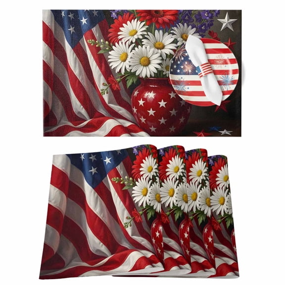 4th of July Placemats Set of 4 American Flag Place Mats Independence Day Placemat Patriotic Star Daisy Vase Table Mats for Dining Kitchen Table Holiday Dinner Party Home July 4th Decor 13x19 Inch
