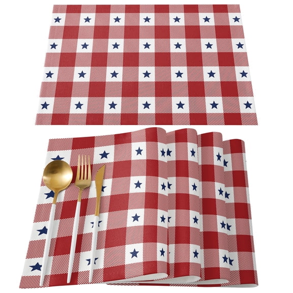4th of July Placemats Set of 4, Independence Day Red White Plaid Blue Star Placemats for Dining Table, Place Mats for Kitchen Tabletop, Waterproof Wipeable Dining Table Mats Set