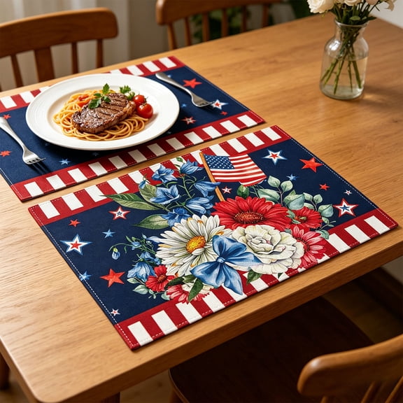 4th of July Placemats Set of 4, Patriotic American Flag Table Mats, Independence Day Red White Blue Washable Heat Resistant Place Mats for Dining Table Kitchen Decor