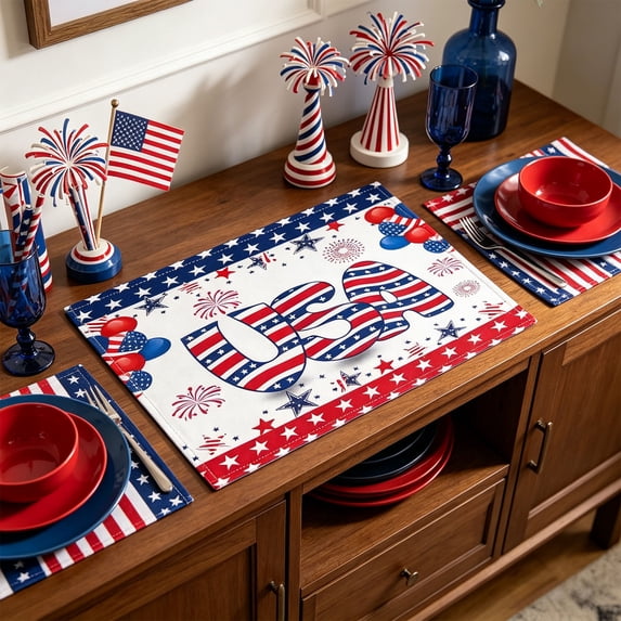 4th of July Placemats Set of 4, Patriotic American Flag Table Mats, Independence Day Red White Blue Washable Heat Resistant Place Mats for Dining Table Kitchen Decor