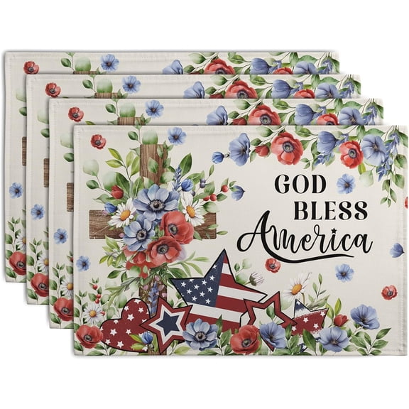 4th of July Placemats Set of 4 Patriotic Floral Cross Stars Independence Memorial Day Place Mats 12x18 Inch God Bless America Linen Fabric Table Mats for Party Kitchen Dining Decoration