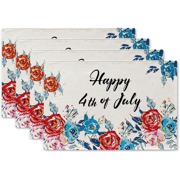 4th of July Placemats Set of 4 Patriotic Floral Cross Stars Independence Memorial Day Place Mats 12x18 Inch God Bless America Linen Fabric Table Mats for Party Kitchen Dining Decoration
