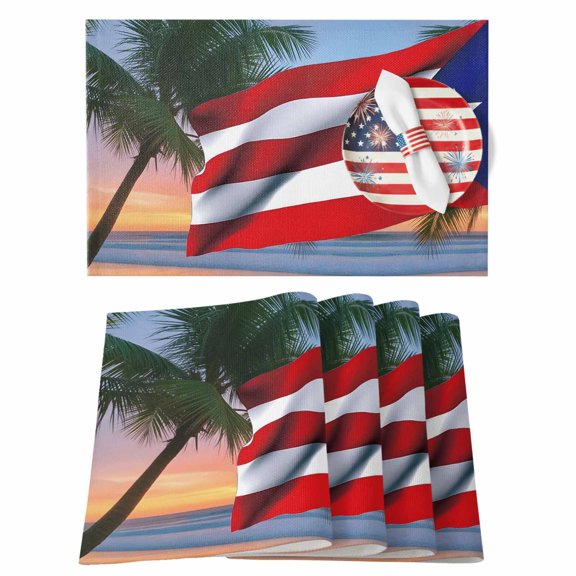 4th of July Placemats Set of 4 Puerto Rico Flag Place Mats Independence Day Placemat Beach Coco Palm Tree Table Mats for Dining Kitchen Table Holiday Dinner Party Home July 4th Decor 13x19 Inch