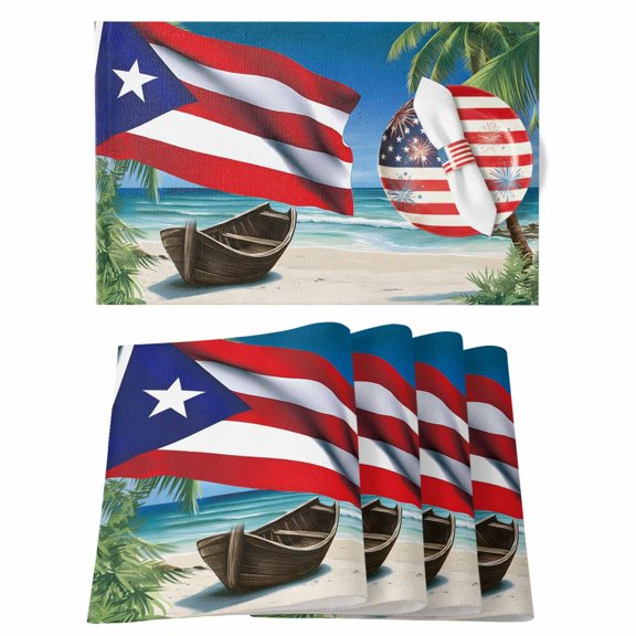 4th of July Placemats Set of 4 Puerto Rico Flag Place Mats Independence Day Placemat Coco Palm Tree Beach Table Mats for Dining Kitchen Table Holiday Dinner Party Home July 4th Decor 13x19 Inch