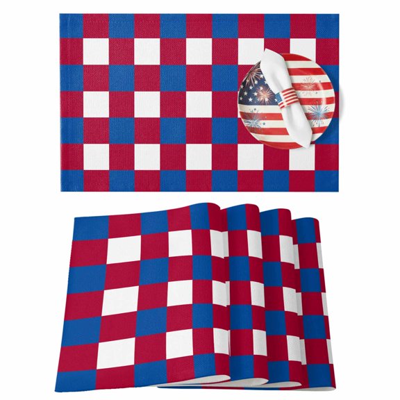 4th of July Placemats Set of 4 Red Blue White Buffalo Plaid Place Mats Independence Day Placemat Patriotic Check Table Mats for Dining Kitchen Table Dinner Party Home July 4th Decor 13x19 Inch
