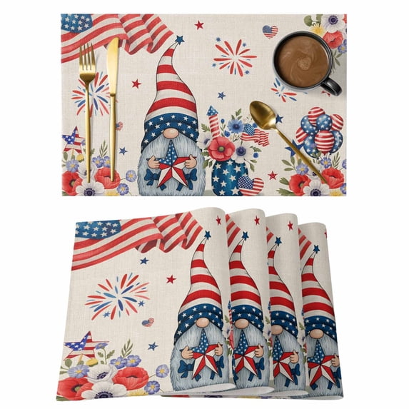 4th of July Placemats Set of 4, Retro Patriotic Gnomes Flowers Flag Firework Placemats for Dining Table, Place Mats for Kitchen Tabletop, Waterproof Wipeable Dining Table Mats Set