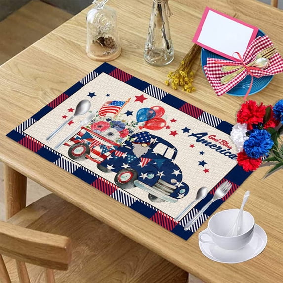 4th of July Placemats Set of 4 Rustic Patriotic Memorial Day Placemats for Dining Table Blue Truck Gnome Independence Day Home Kitchen Decorations 13x16.5 Inch