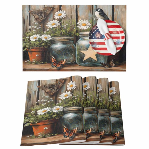 4th of July Placemats Set of 4 Star Daisy Bird Place Mats Independence Day Placemat Rustic Wood Grain Table Mats for Dining Kitchen Table Holiday Dinner Party Home July 4th Decor 13x19 Inch