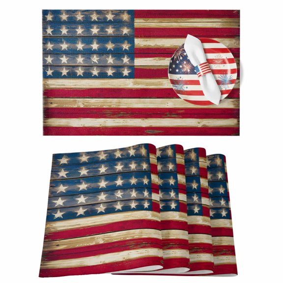 4th of July Placemats Set of 4 Vintage American Flag Place Mats Independence Day Placemat Rustic Freedom Table Mats for Dining Kitchen Table Holiday Dinner Party Home July 4th Decor 13x19 Inch