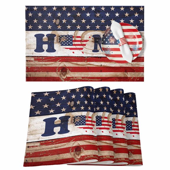 4th of July Placemats Set of 4 Vintage American Flag Place Mats Independence Day Placemat Star Stripes Red Blue White Retro Wooden Table Mats for Kitchen Table Dinner Party July 4th Decor 13x19 Inch