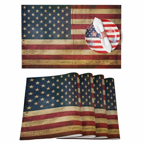 4th of July Placemats Set of 4 Vintage American US Flag Place Mats Independence Day Placemat Stars Stripes Table Mats for Dining Kitchen Table Holiday Dinner Party Home July 4th Decor 13x19 Inch