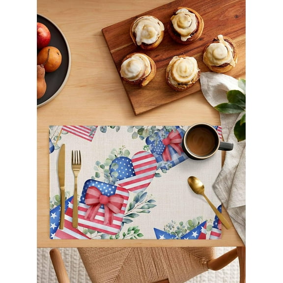 4th Of July Placemats Set of 4, Washable Woven Burlap Cloth Fabric Placemat for Square/Rectangle/Round/Oval Dining Table, Easy Clean Place Mats for Toddlers, Kids Green Eucalyptus Leaves Stripes Stars