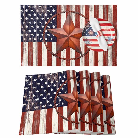 4th of July Placemats Set of 6 American Flag Stars Stripe Place Mats Independence Day Placemat Rustic Retro Wooden Table Mats for Dining Kitchen Table Dinner Party Home July 4th Decor 13x19 Inch