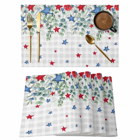 4th of July Placemats Set of 6, Independence Day Star Leaves Gray Plaid Placemats for Dining Table, Place Mats for Kitchen Tabletop, Waterproof Wipeable Dining Table Mats Set