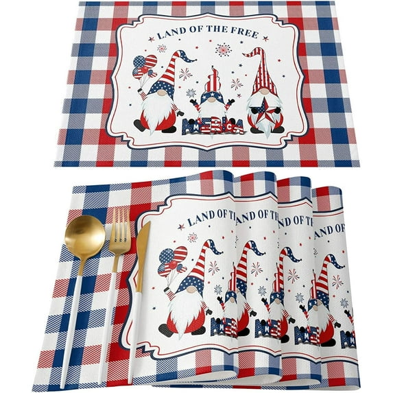 4th of July Placemats Set of 6 Memorial Day Washable Cloth Placemats Independence Day Gnomes Fireworks Patriotic Print Heat Resistant Placemats for Dining Table 18 x 12 Inch for Kitchen Party Decor