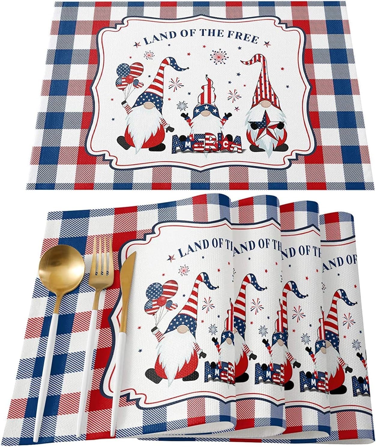4th of July Placemats Set of 6 Memorial Day Washable Cloth Placemats Independence Day Gnomes Fireworks Patriotic Print Heat Resistant Placemats for Dining Table 18 x 12 Inch for Kitchen Party Decor