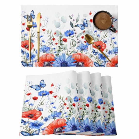 4th of July Placemats Set of 6 Red Blue Floral Independence Day Poppy Flower Leaf Place Mats Indoor Wipeable Table Mats Washable Dining Table Placemats for Kitchen Holiday Party Home Decor 13x19 Inch