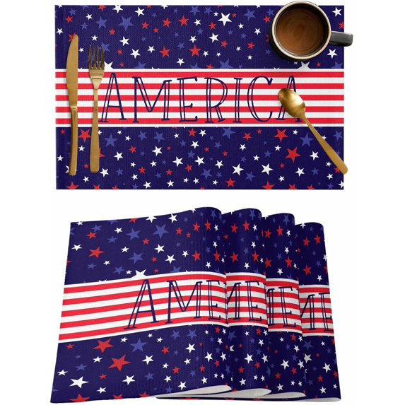 4th of July Placemats Set of 6,Washable Woven Burlap Cloth Fabric Placemat for Square/Rectangle/Round/Oval Dining Table,Easy Clean Place Mats for Kids Red Blue Stripes Stars Patriotic Memorial Day