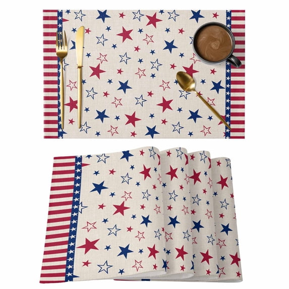 4th of July Placemats Set of 8 Blue Red Striped Stars Independence Day Place Mats Indoor Wipeable Table Mats Washable Cloth Dining Table Placemats for Kitchen Holiday Party Home Decor 13x19 Inch