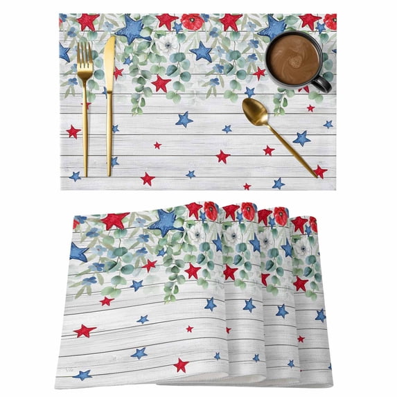 4th of July Placemats Set of 8, Memorial Day Patriotic Star Leaf Wooden Placemats for Dining Table, Place Mats for Kitchen Tabletop, Waterproof Wipeable Dining Table Mats Set