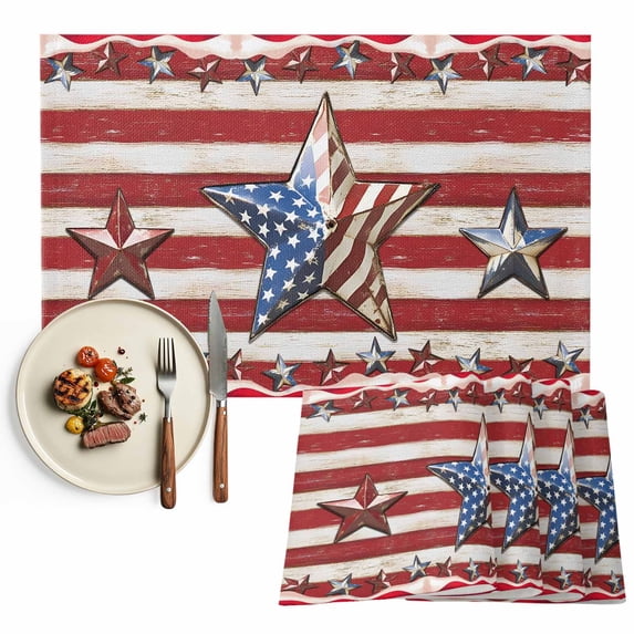 4th of July Placemats Set of 8, Patriotic American Barn Star Table Mats Washable Heat-Resistant Non-Slip Place Mats for Kitchen Dinner Table Indoor Outdoor Decor,13x19 Inch Red White Striped