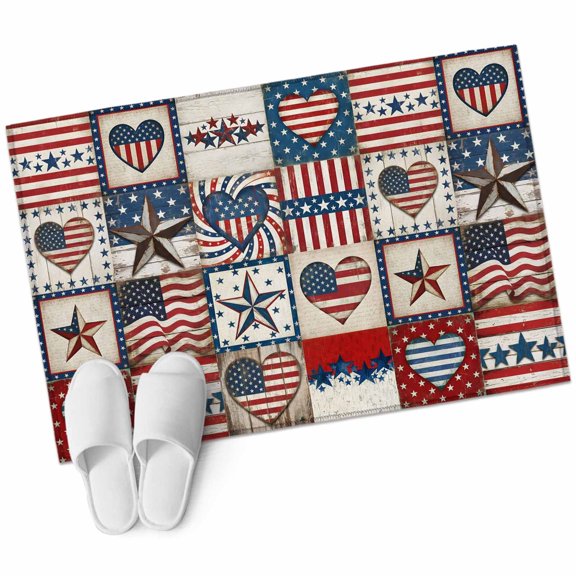 4th of July Plaid Bathroom Rug Washable 2x3 Entryway Rug Non Slip Vintage USA Flag Star Checkered Front Door Mat Low Pile Indoor Doormat Throw Floor Carpet for Kitchen Bedroom Entrance