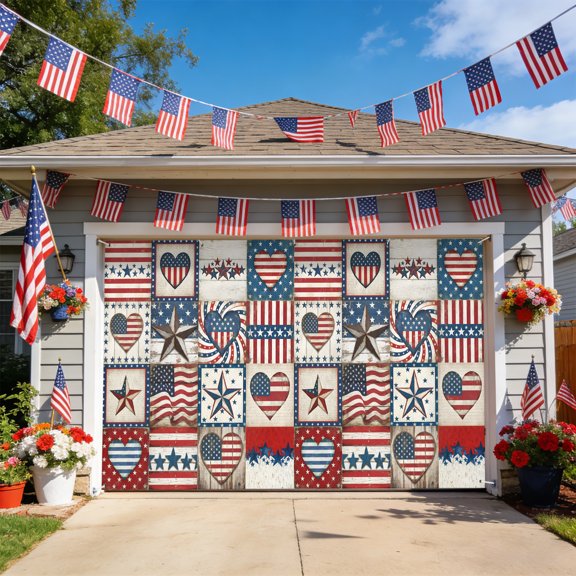 4th of July Plaid Garage Door Cover, Vintage USA Flag Star Checkered Garage Door Decorations with Ropes, Outdoor Hanging Banner Backdrop for Holiday Party Courtyard Porch Wall Decor 6x13ft