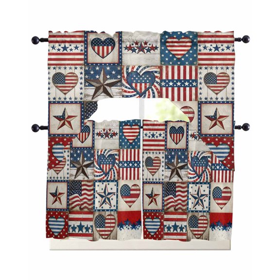 4th of July Plaid Kitchen Curtains Sets 36 Inch Length with Valance, Vintage USA Flag Star Checkered Swag Valances and Tiers Curtain Set Drapes Swag Curtains for Living Room, Bathroom, Bedroom, Cafe