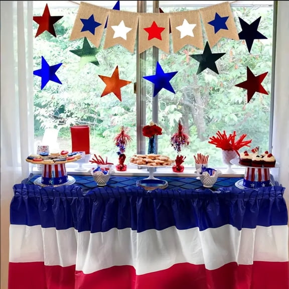 4th of July Plastic Table Skirts Decorations, Red White and Blue Patriotic Disposable Table Skirts, Fourth of July Table Party Decorations for Independence Memorial Veterans Day, 168x29in( 1 Pack )