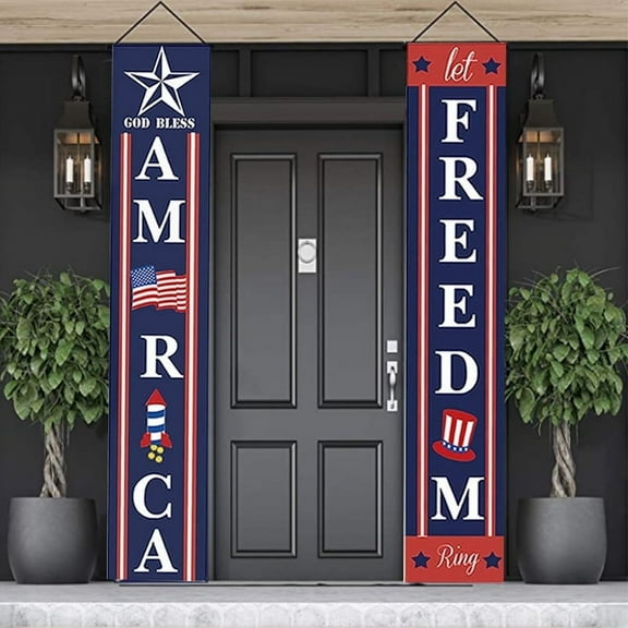 4th of July Porch Sign Patriotic Door Decoration - “Let Freedom Ring” and “GOD Bless America”, Fourth of July Memorial Day Independence Day Flag Day Labor Day Hanging Banner for Yard Indoor Outdoor