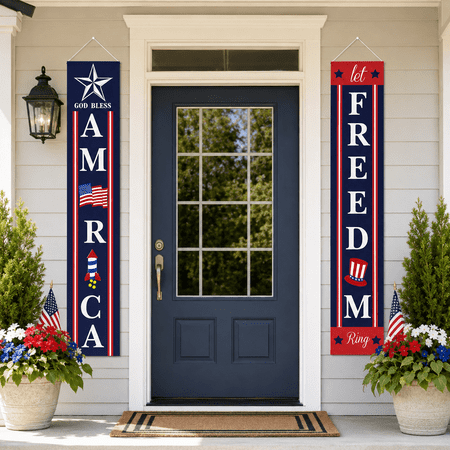 4th of July Porch Sign Patriotic Door Decoration - “Let Freedom Ring” and “GOD Bless America”, Fourth of July Memorial Day Independence Day Flag Day Labor Day Hanging Banner for Yard Indoor Outdoor