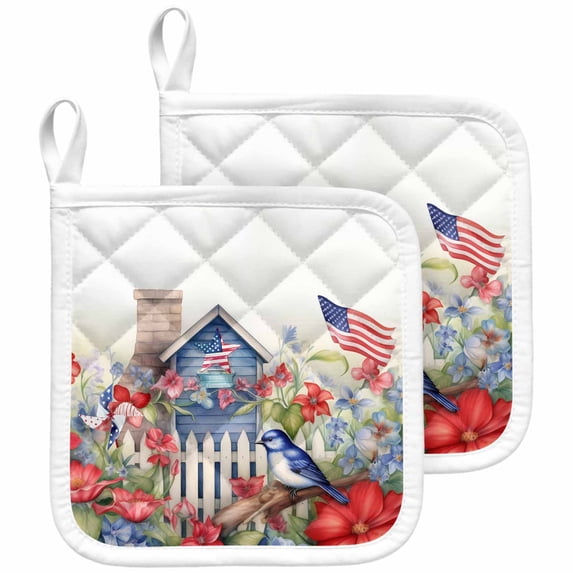 4th of July Pot Holders for Kitchen Heatproof Potholder, 2 Pack Independence Day Floral Birds American Flag Hot Pads Multipurpose Oven Pads Cloth Potholders Trivet for Cooking and Baking