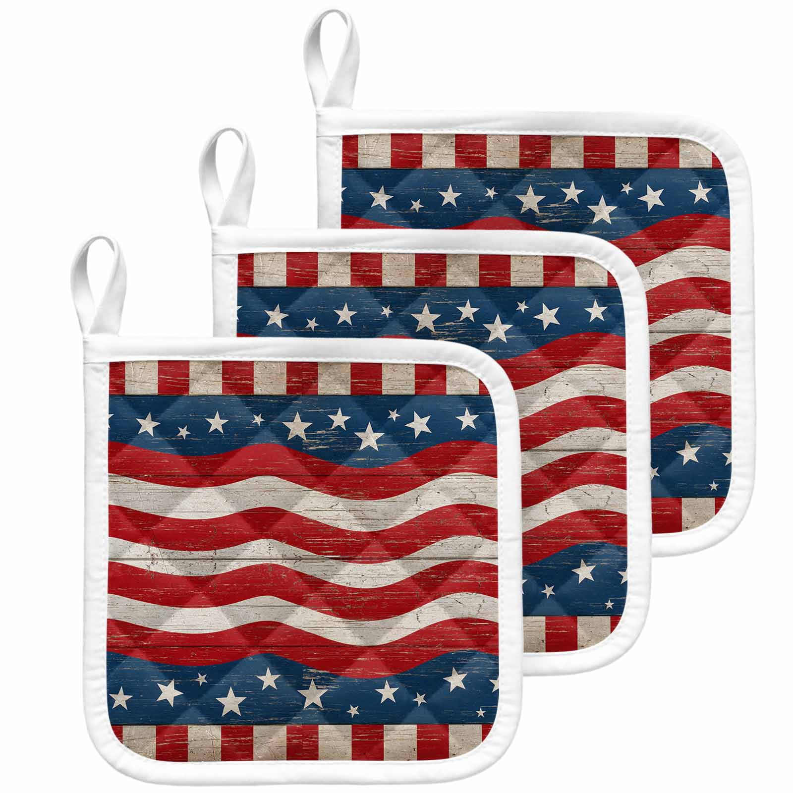4th of July Pot Holders for Kitchen Heatproof Potholder, 3 Pack Vintage Red Beige Stripes Independence Day Hot Pads Multipurpose Oven Pads Cloth Potholders Trivet for Cooking Baking