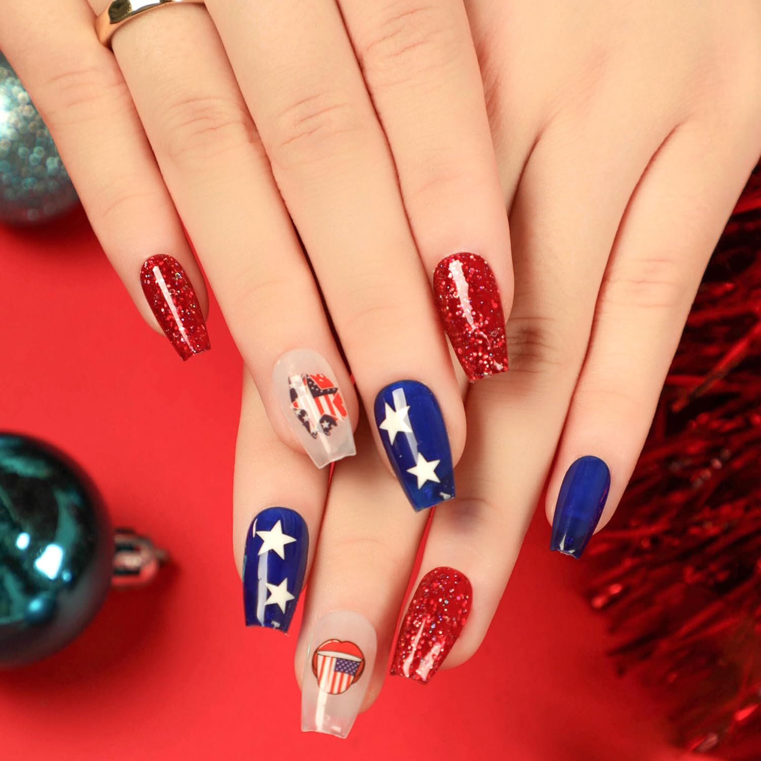 4th of July Press on Nails Coffin Short Independence Day Fake Nails