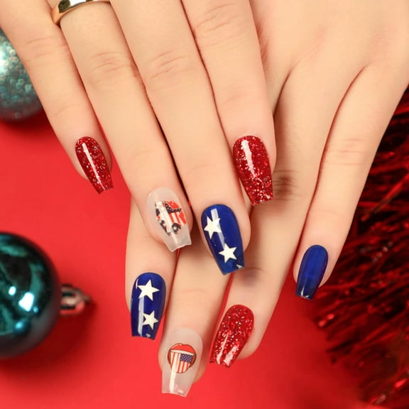 4th of July Press on Nails Coffin Short Independence Day Fake Nails American False Nails With White Star USA Flag Designs Full Cover Stick on Nails Acrylic Patriotic Nails for Women 24Pcs Multicolor