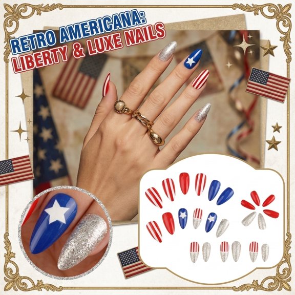 4th of July Press On Nails False Nails American Flag 24Pcs Medium Square Glossy Stick on Nails with Star Stripes Design Easy Apply Reusable Glue on Nails for Independence Day Events