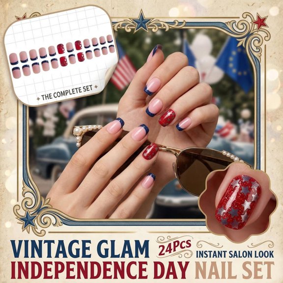 4th of July Press On Nails False Nails American Flag Medium Square 24Pcs Glossy Stick on Nails with Star Stripes Patterns Easy to Apply Reusable Glue on Fake Nails for Independence Day Festivities