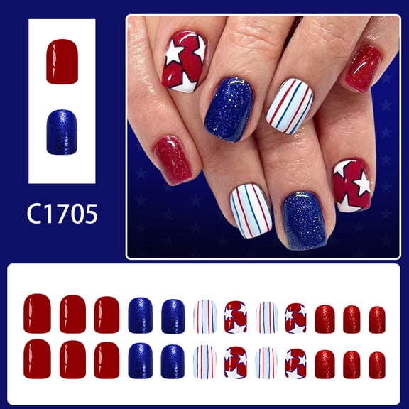 4th of July Press on Nails Short Square Fake Nails Blue Red False Nails White Star Design Glossy Glue on Nails Independence Day Full Cover Acrylic Nails for Women 24 Pcs with Gel and Nail File