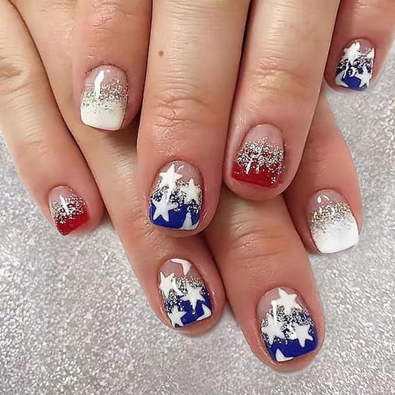 4th of July Press on Nails Short Square Fake Nails Glossy Glue on Nails Red Blue White French Tip Acrylic Nails Squoval Star Artificial Nails Bling Glitter False Nails with Design 24 pcs