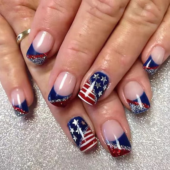 4th of July Press on Nails Short Square Fake Nails Independence Day False Nails Press ons with American Flag Designs Acrylic Nails Full Cover Glue on Nail Stick on Nails for Women Manicure 24Pcs