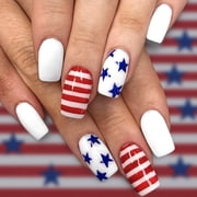 4th of July Press on Nails Short Square Fake Nails Independence Day False Nails Press ons with American Flag Designs Acrylic Nails Full Cover Glue on Nail Stick on Nails for Women Manicure 24Pcs