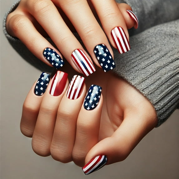 4th of July Press on Nails Short Square Independence Day Fake Nails Red Blue Fireworks Chrome False Nails Designs French Tip Acrylic Nails Patriotic Nail Full Cover Stick on Nails for Women 24 Pcs