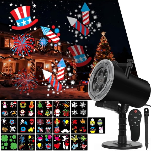 4th of July Projector Lights Outdoor,Indoor Holiday Projector Light with Remote Control,Timer,16 Slides,LED Landscape Light for Party Christmas Halloween Patio Yard Decor Lighting